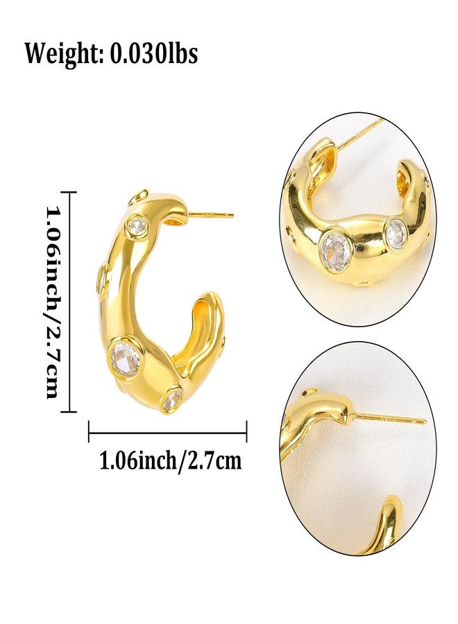 MOONWALTZ Gold Hoop Earrings for Women 14K Gold Plated Irregular Cubic Zirconia Chunky Hoop Earrings Sparkly Round CZ Simple C Shaped Open Hoop Statement Earrings Trendy Post Earrings Jewelry Gift for Women - Image 2